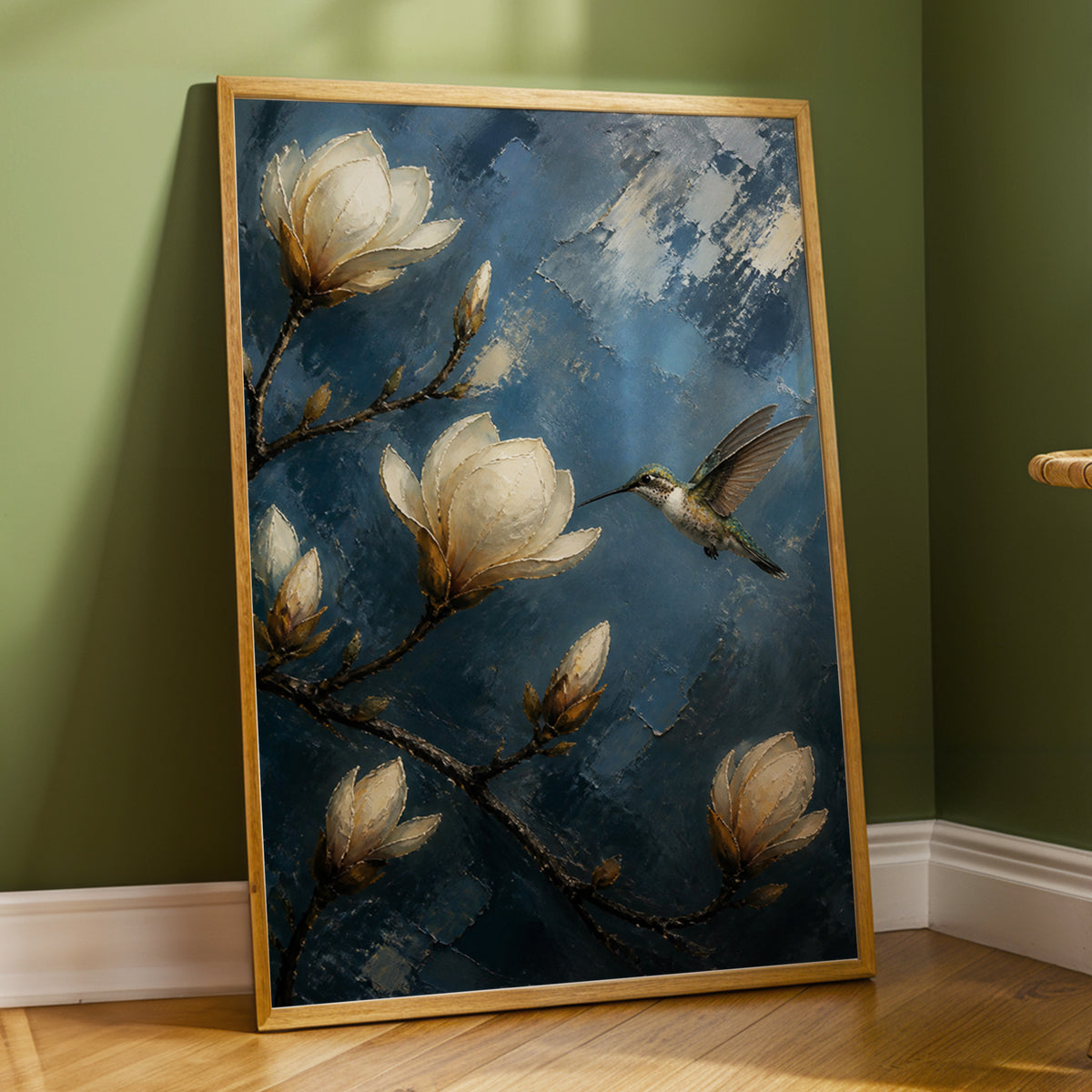 Midnight Magnolia Flight, blue, white, brown floral wall art displayed in a styled interior, gallery view 4