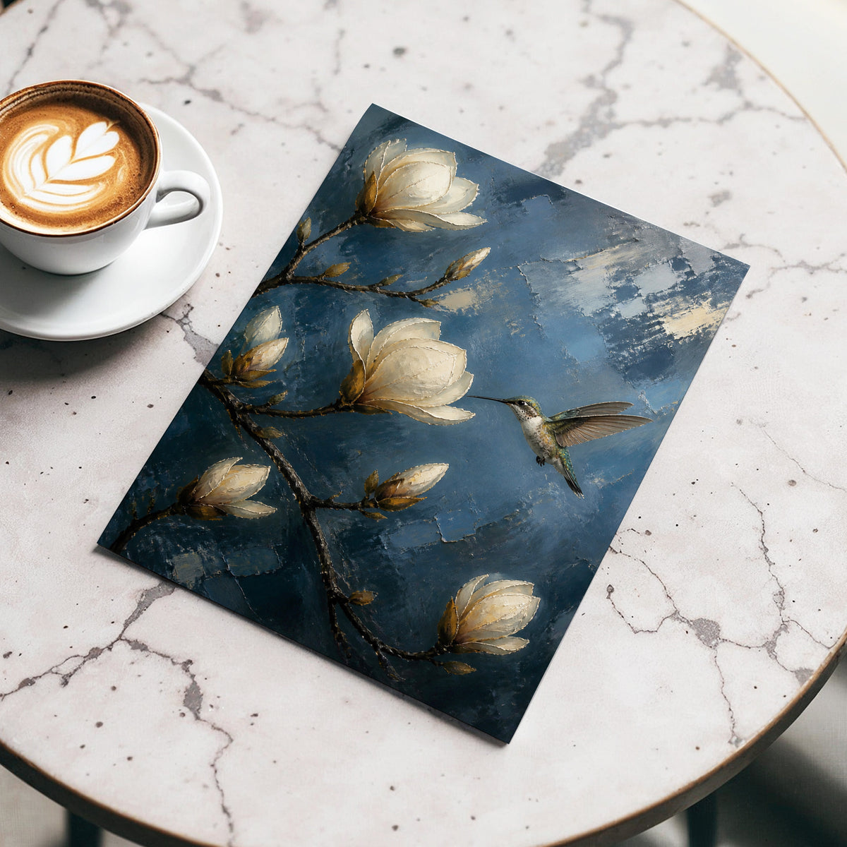 Midnight Magnolia Flight, blue, white, brown floral wall art displayed in a styled interior, gallery view 5