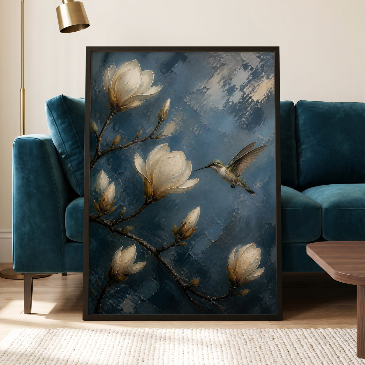 Midnight Magnolia Flight, blue, white, brown floral wall art displayed in a styled interior, gallery view 6