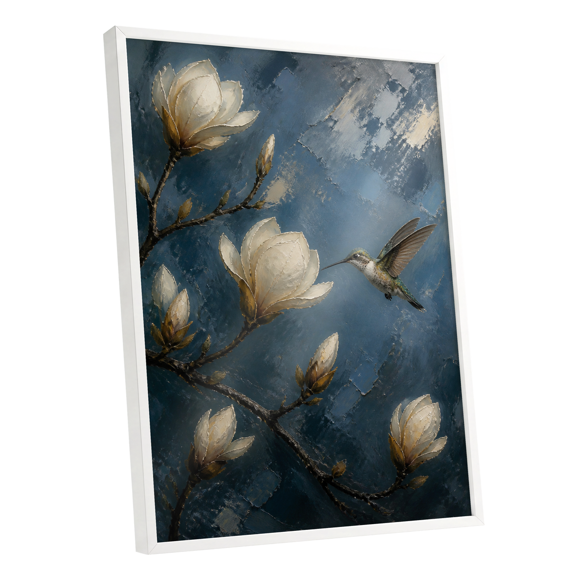 Midnight Magnolia Flight, blue, white, brown floral wall art shown as a white framed poster wall art print