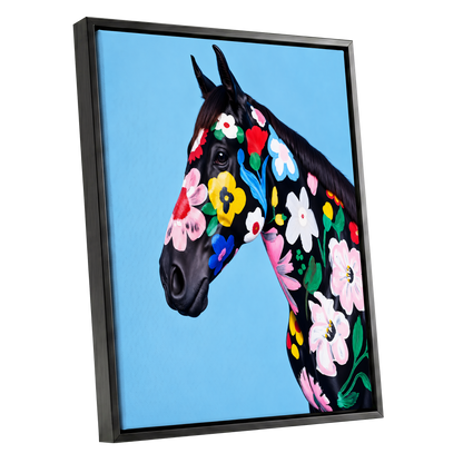 Midnight Meadow Mare, black, blue, multicolor floral wall art shown as a black framed canvas wall art