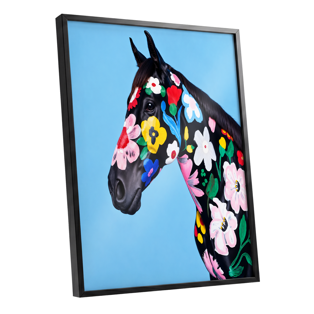 Midnight Meadow Mare, black, blue, multicolor floral wall art shown as a black framed poster wall art print