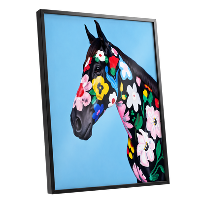 Midnight Meadow Mare, black, blue, multicolor floral wall art shown as a black framed poster wall art print