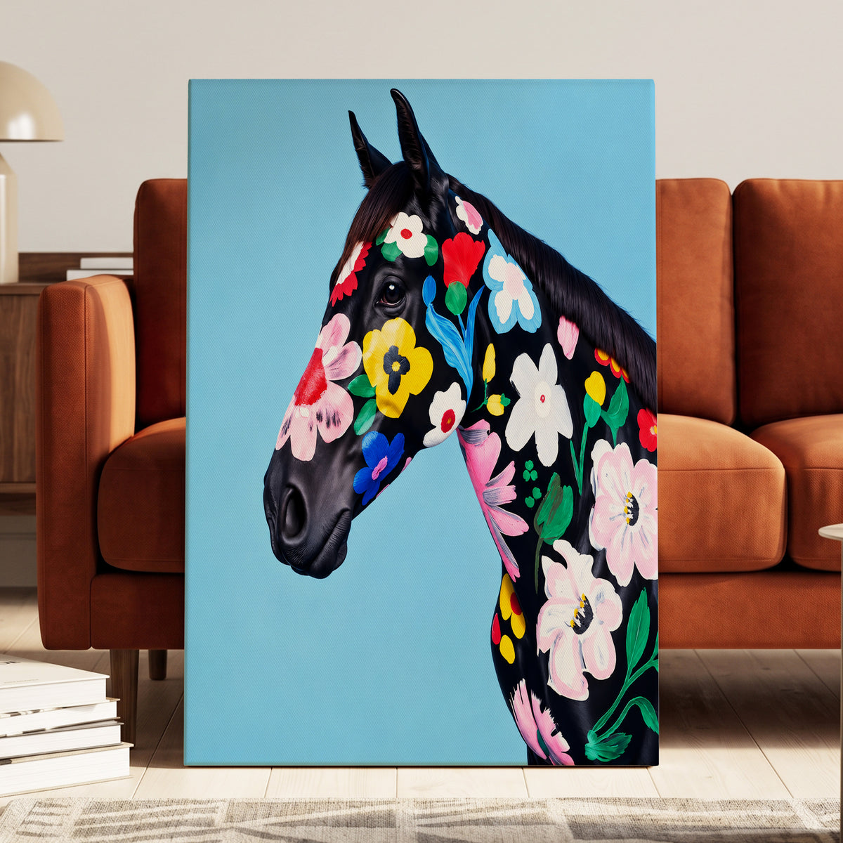 Midnight Meadow Mare, black, blue, multicolor floral wall art on canvas displayed in a styled interior, gallery view 1
