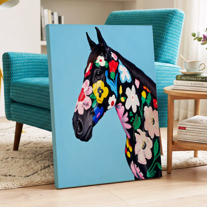 Midnight Meadow Mare, black, blue, multicolor floral wall art on canvas displayed in a styled interior, gallery view 2
