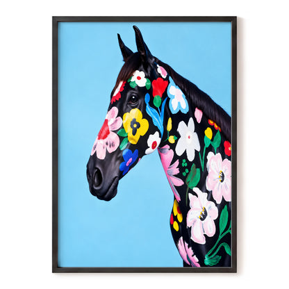Midnight Meadow Mare, black, blue, multicolor floral wall art, front artwork view