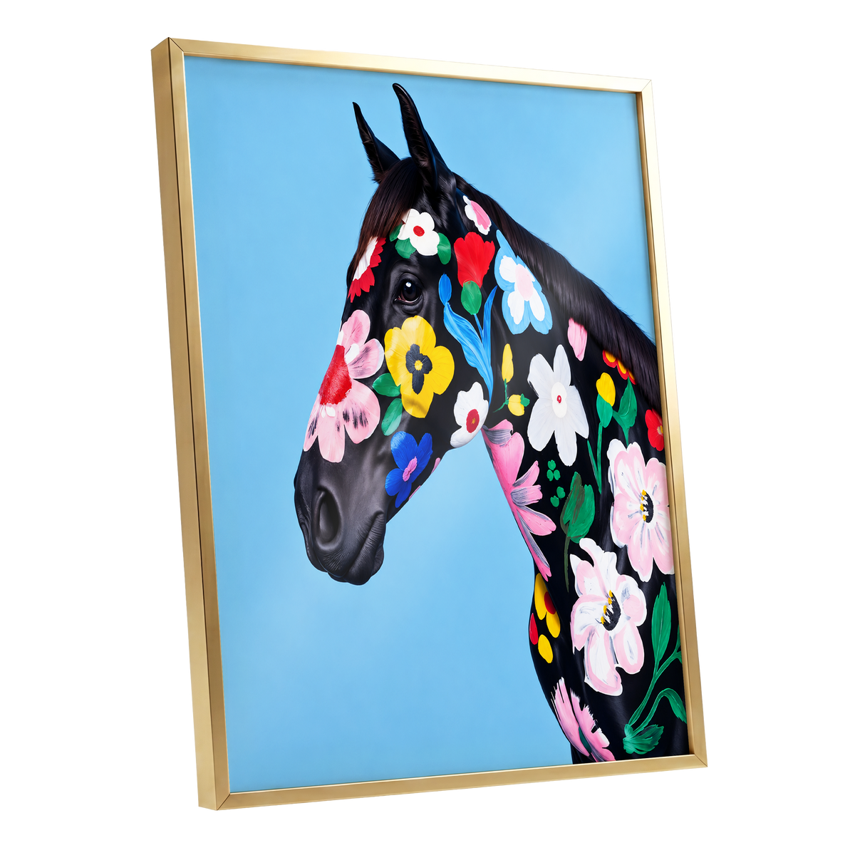 Midnight Meadow Mare, black, blue, multicolor floral wall art shown as a gold framed poster wall art print