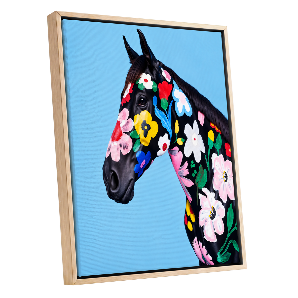 Midnight Meadow Mare, black, blue, multicolor floral wall art shown as a oak framed canvas wall art