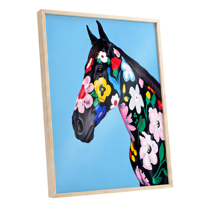 Midnight Meadow Mare, black, blue, multicolor floral wall art shown as a oak framed poster wall art print