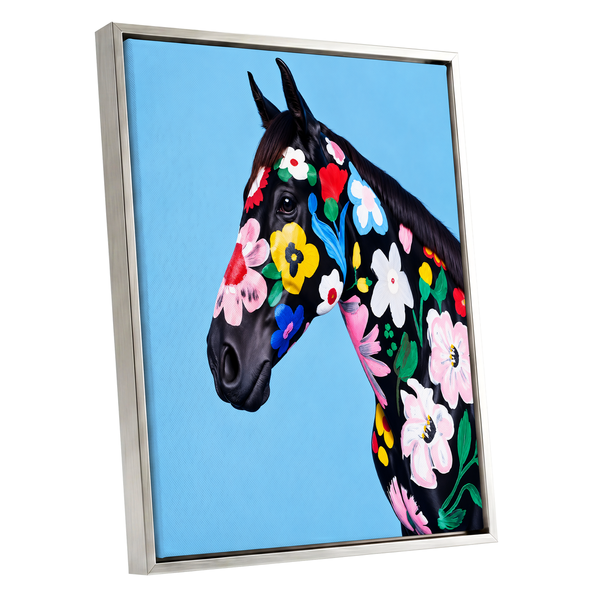 Midnight Meadow Mare, black, blue, multicolor floral wall art shown as a silver framed canvas wall art