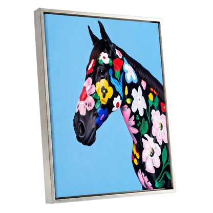 Midnight Meadow Mare, black, blue, multicolor floral wall art shown as a silver framed canvas wall art