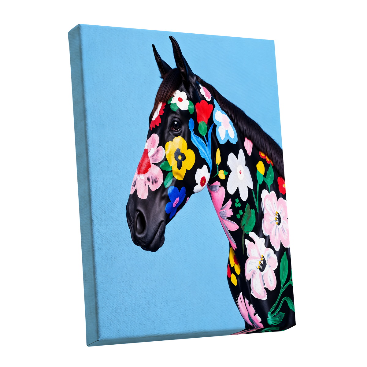Midnight Meadow Mare, black, blue, multicolor floral wall art shown as a stretched canvas wall art
