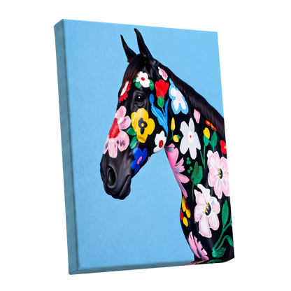 Midnight Meadow Mare, black, blue, multicolor floral wall art shown as a stretched canvas wall art