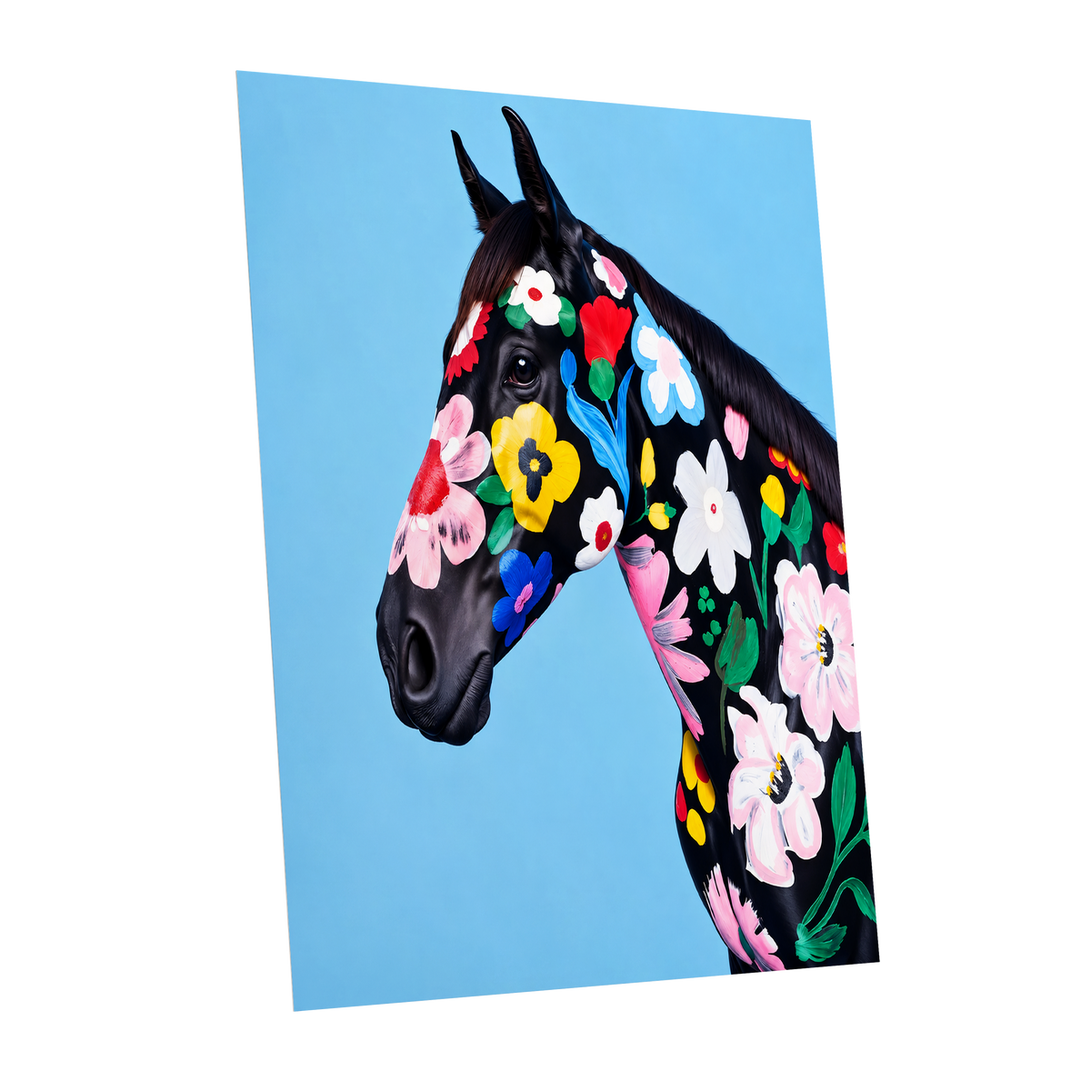 Midnight Meadow Mare, black, blue, multicolor floral wall art shown as a unframed poster wall art print