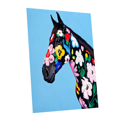 Midnight Meadow Mare, black, blue, multicolor floral wall art shown as a unframed poster wall art print