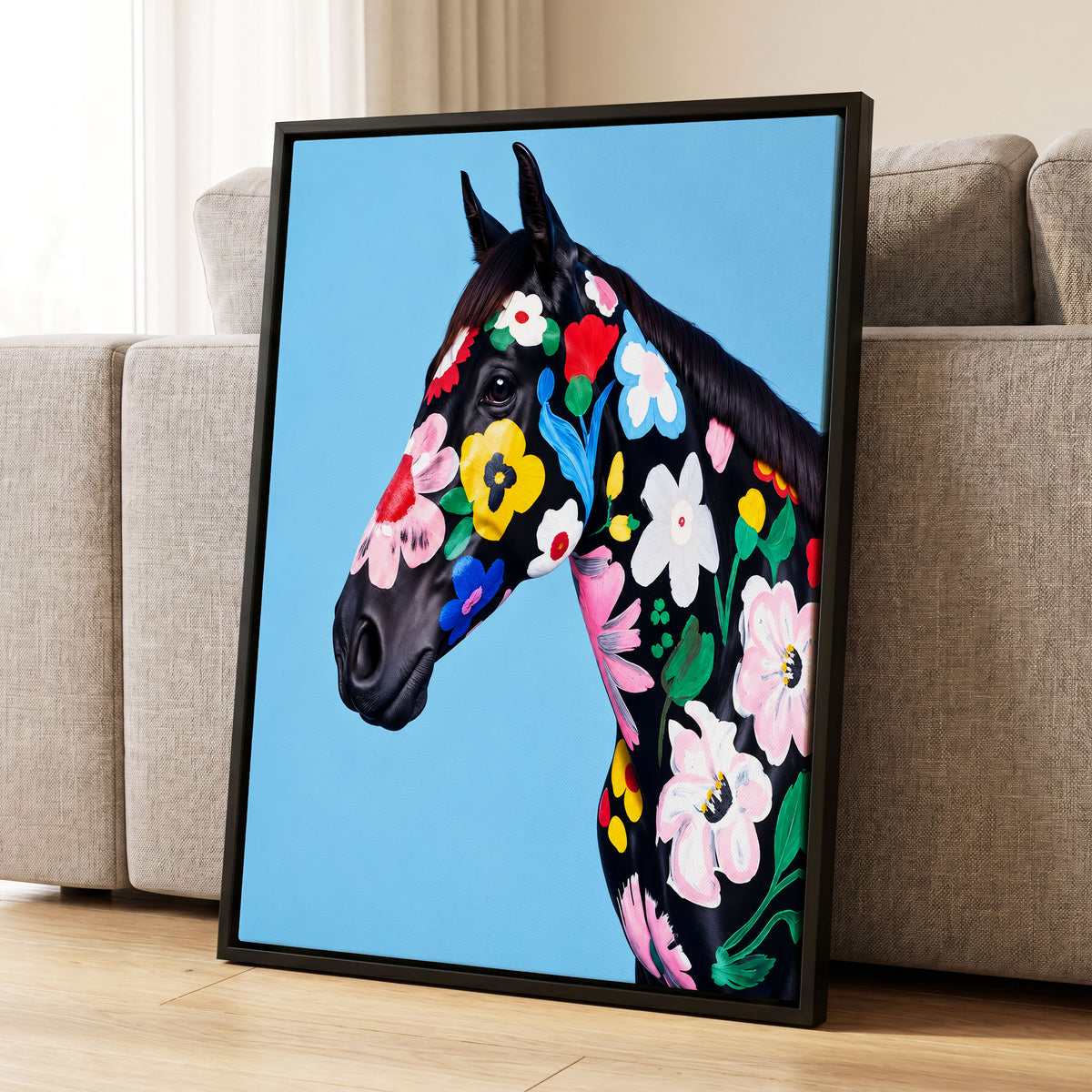 Midnight Meadow Mare, black, blue, multicolor floral wall art displayed in a styled interior, gallery view 1