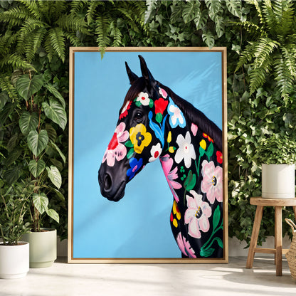 Midnight Meadow Mare, black, blue, multicolor floral wall art displayed in a styled interior, gallery view 2
