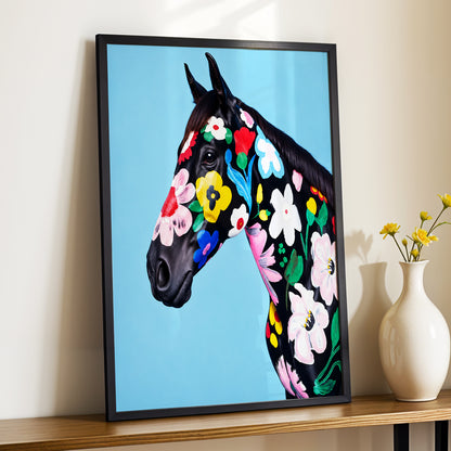 Midnight Meadow Mare, black, blue, multicolor floral wall art displayed in a styled interior, gallery view 3
