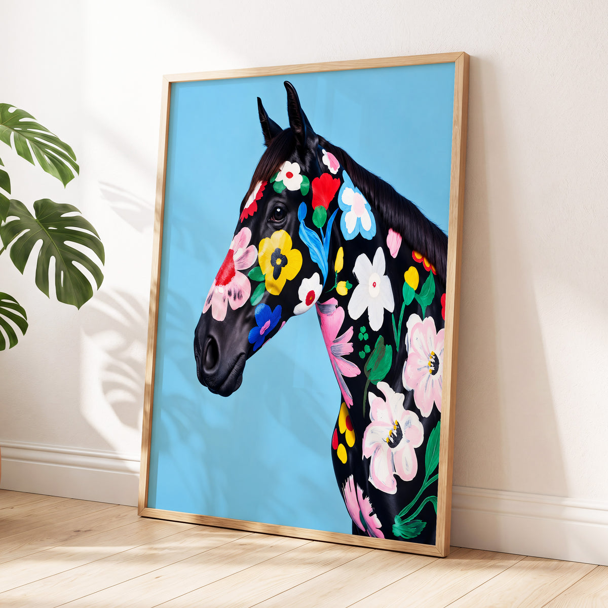 Midnight Meadow Mare, black, blue, multicolor floral wall art displayed in a styled interior, gallery view 4