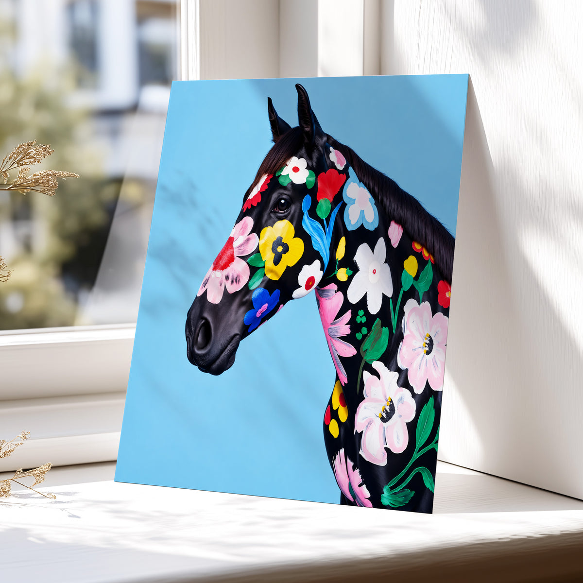 Midnight Meadow Mare, black, blue, multicolor floral wall art displayed in a styled interior, gallery view 5