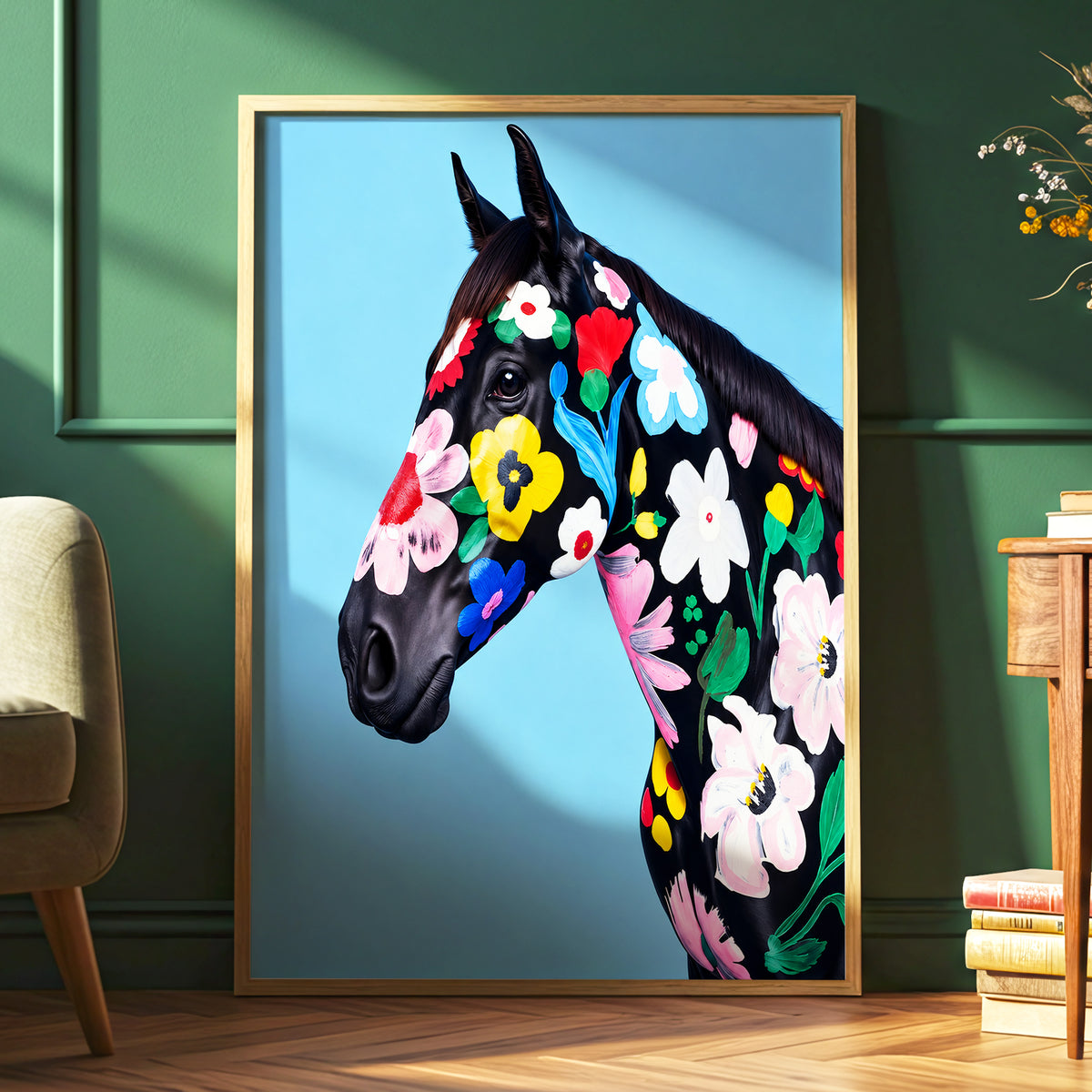 Midnight Meadow Mare, black, blue, multicolor floral wall art displayed in a styled interior, gallery view 6