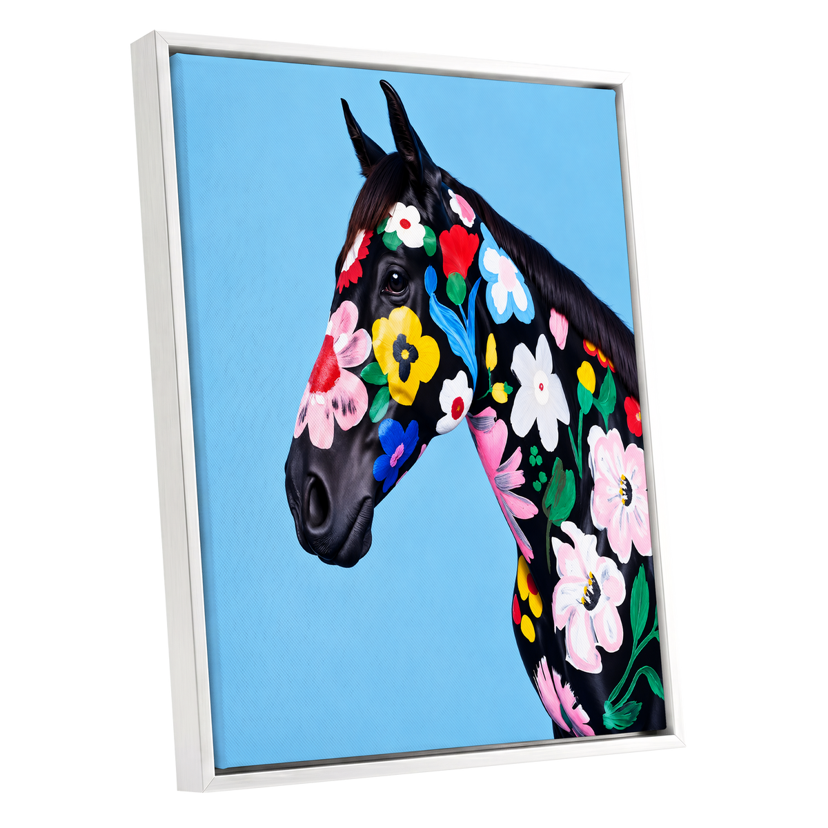 Midnight Meadow Mare, black, blue, multicolor floral wall art shown as a white framed canvas wall art