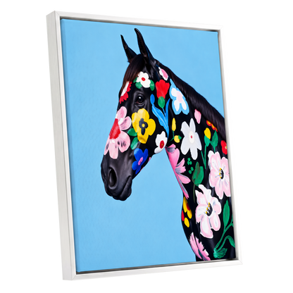 Midnight Meadow Mare, black, blue, multicolor floral wall art shown as a white framed canvas wall art