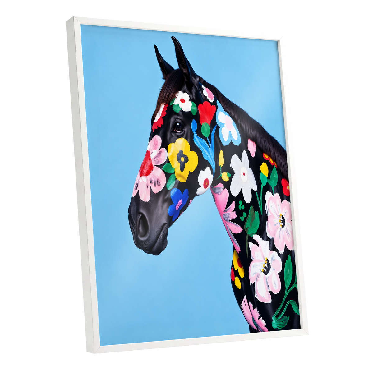 Midnight Meadow Mare, black, blue, multicolor floral wall art shown as a white framed poster wall art print