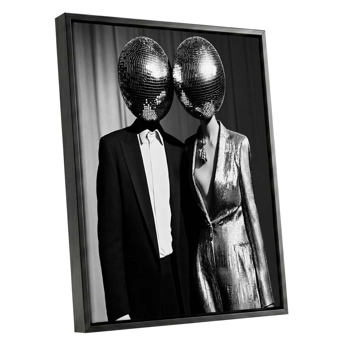 Midnight Mirror Society, black, white, gray minimalist wall art shown as a black framed canvas wall art