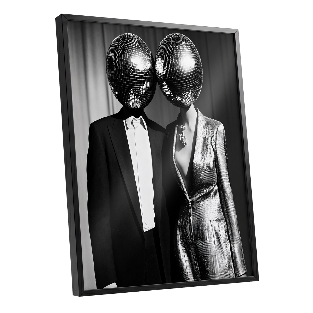 Midnight Mirror Society, black, white, gray minimalist wall art shown as a black framed poster wall art print