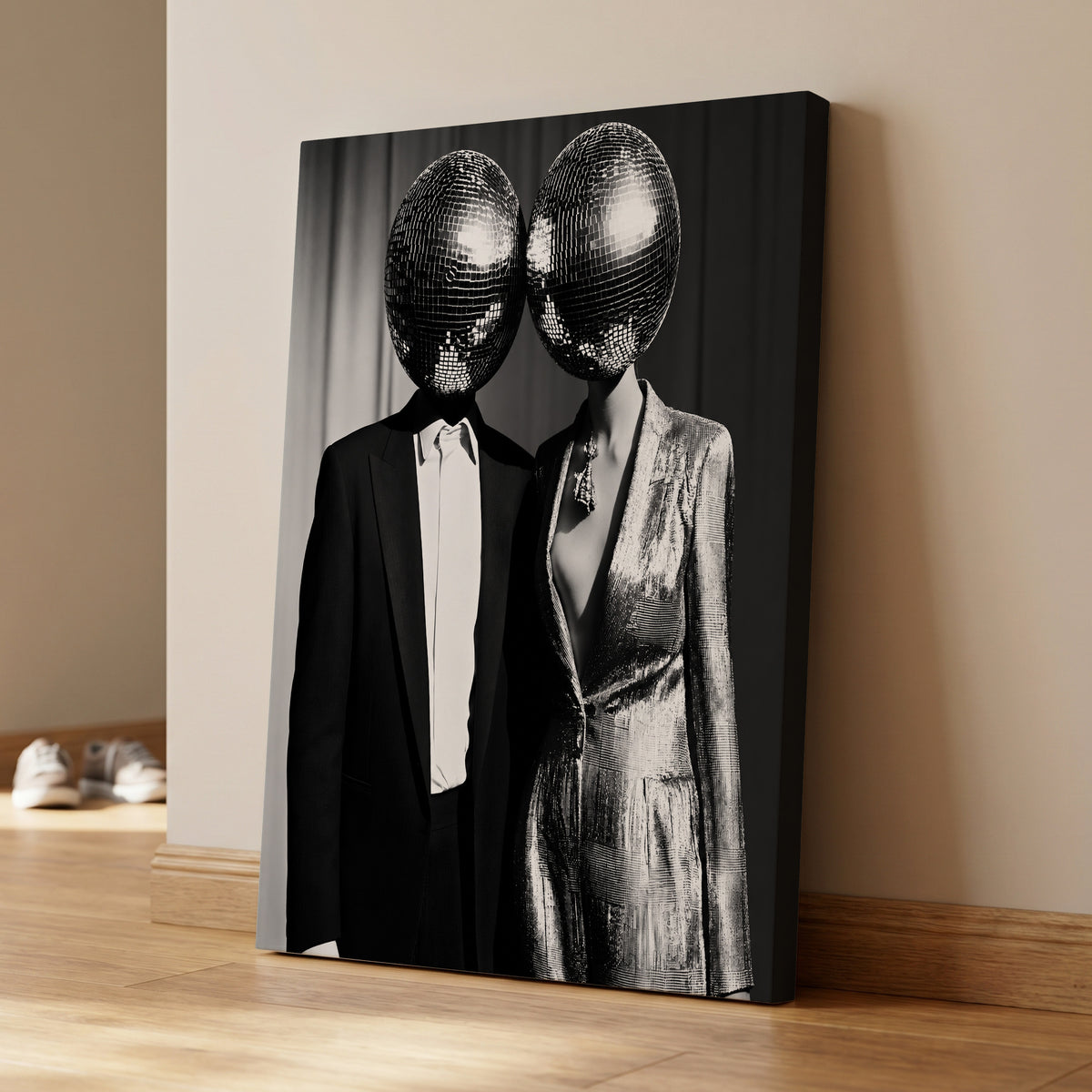 Midnight Mirror Society, black, white, gray minimalist wall art on canvas displayed in a styled interior, gallery view 1