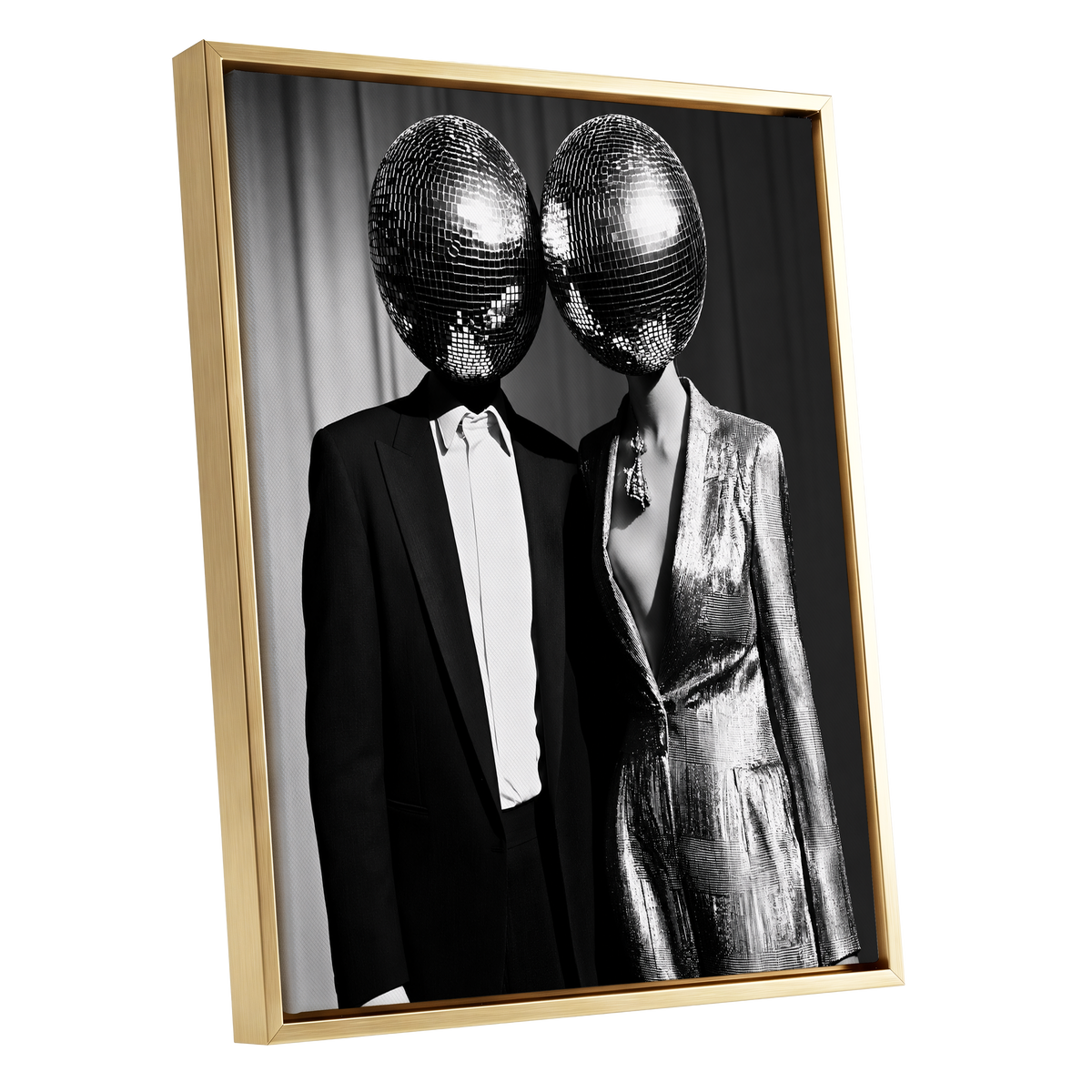 Midnight Mirror Society, black, white, gray minimalist wall art shown as a gold framed canvas wall art