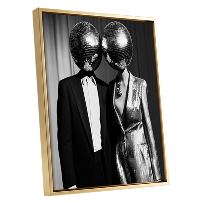 Midnight Mirror Society, black, white, gray minimalist wall art shown as a gold framed canvas wall art