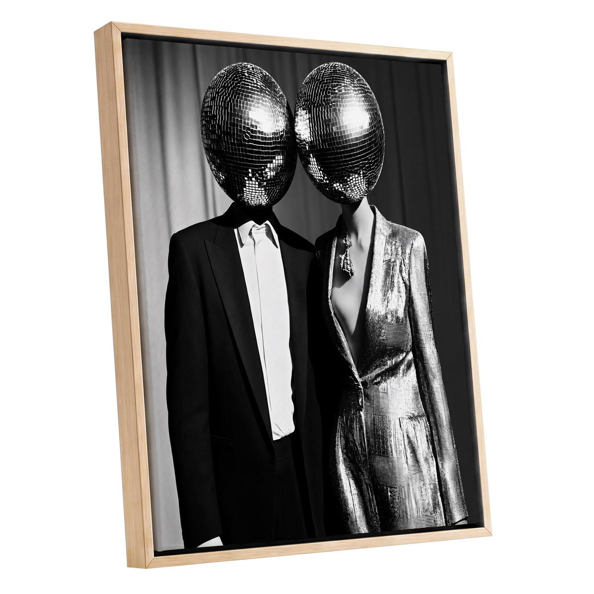Midnight Mirror Society, black, white, gray minimalist wall art shown as a oak framed canvas wall art