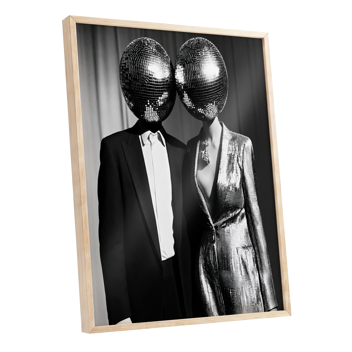 Midnight Mirror Society, black, white, gray minimalist wall art shown as a oak framed poster wall art print