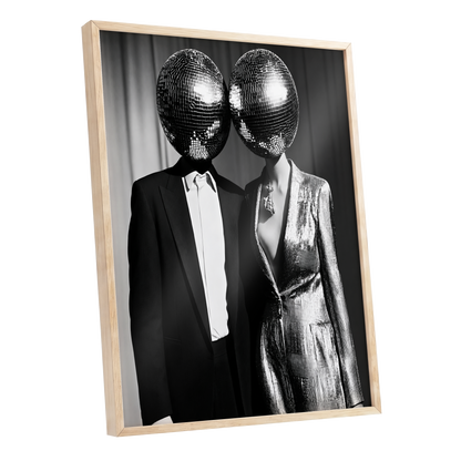 Midnight Mirror Society, black, white, gray minimalist wall art shown as a oak framed poster wall art print