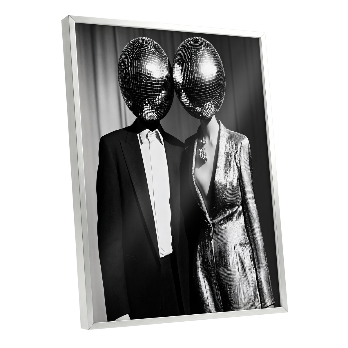 Midnight Mirror Society, black, white, gray minimalist wall art shown as a silver framed poster wall art print