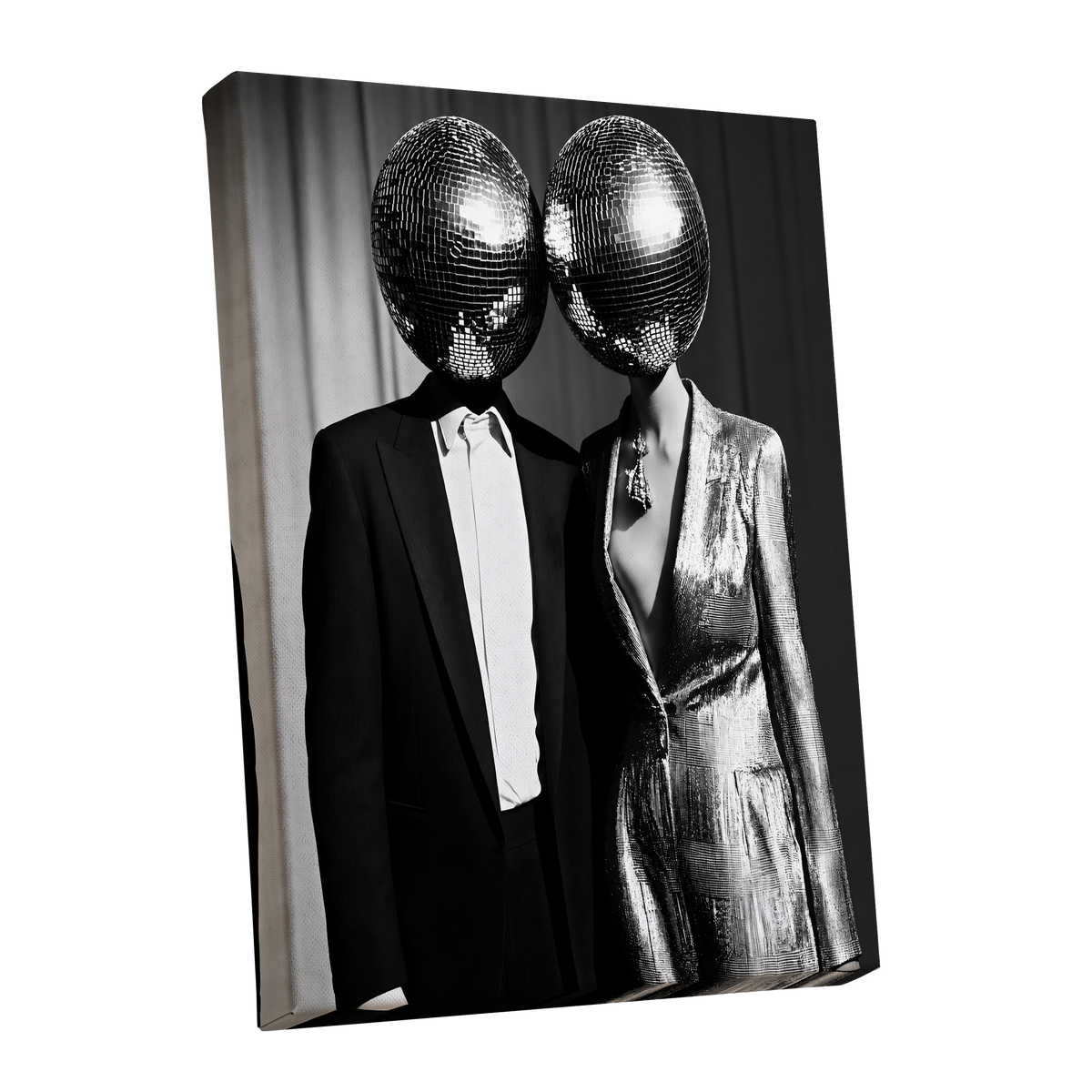 Midnight Mirror Society, black, white, gray minimalist wall art shown as a stretched canvas wall art