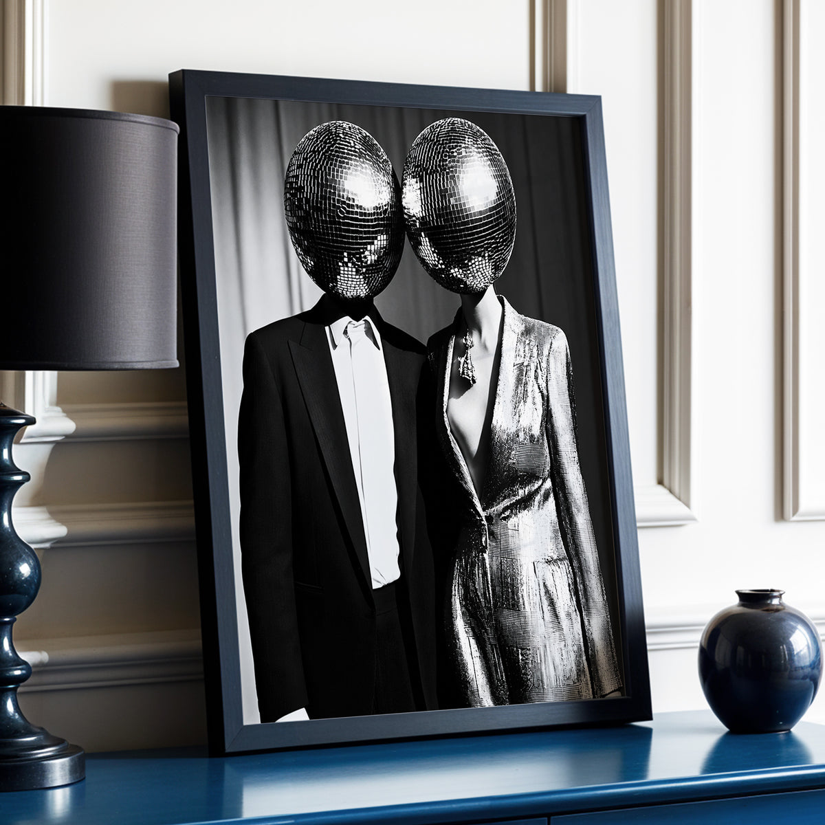 Midnight Mirror Society, black, white, gray minimalist wall art displayed in a styled interior, gallery view 2