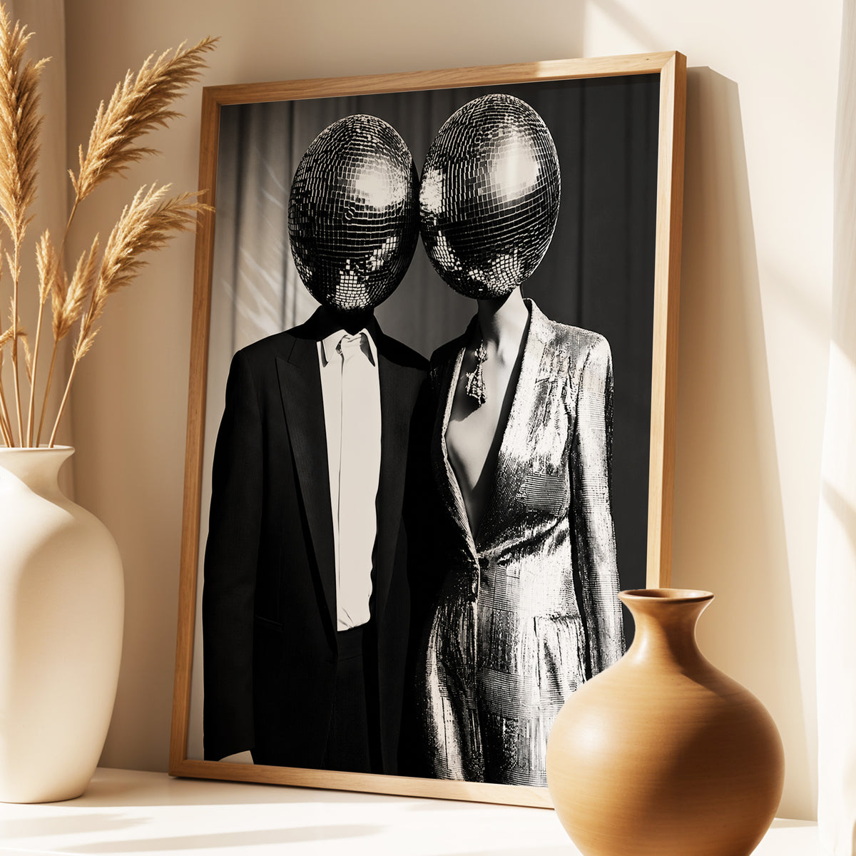 Midnight Mirror Society, black, white, gray minimalist wall art displayed in a styled interior, gallery view 3