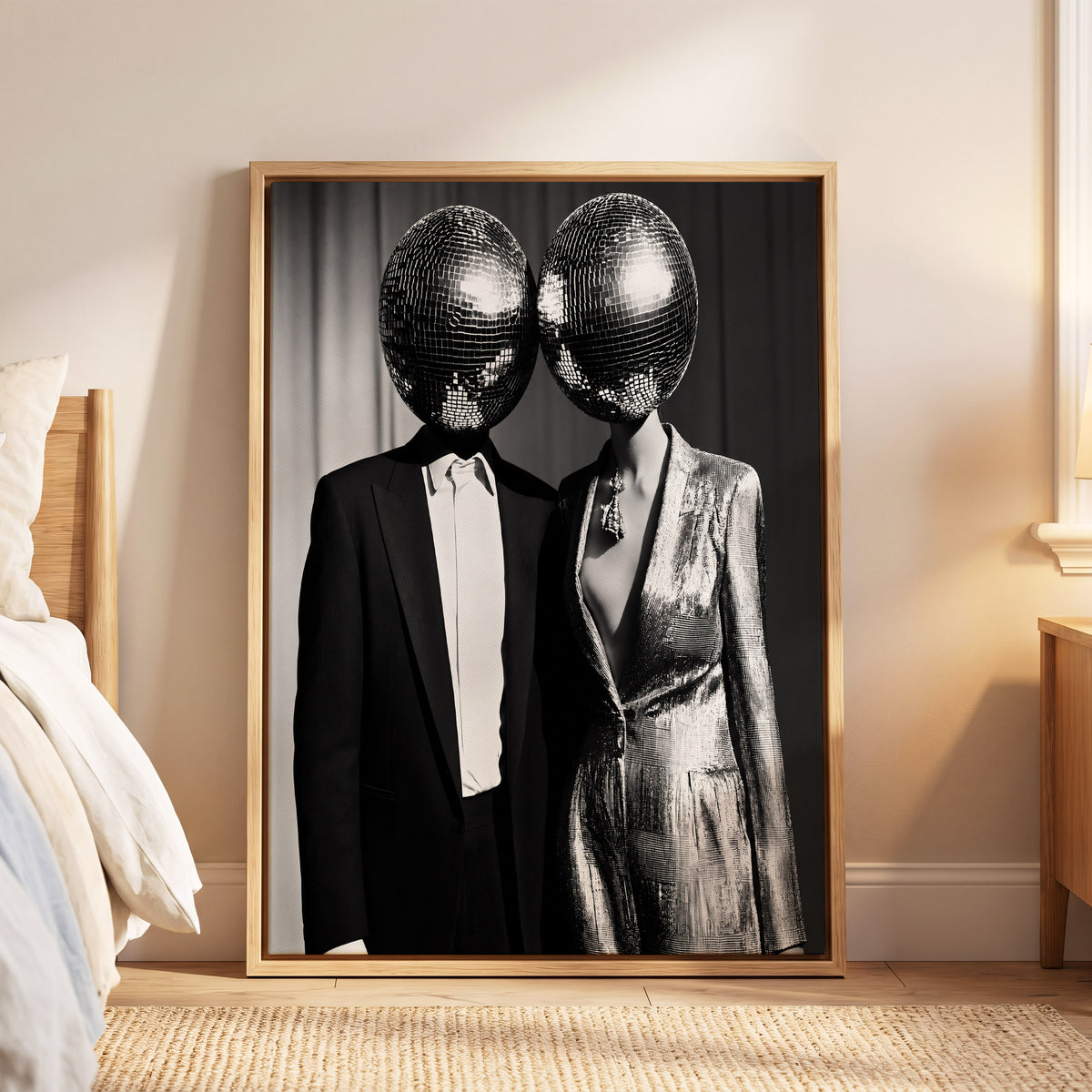 Midnight Mirror Society, black, white, gray minimalist wall art displayed in a styled interior, gallery view 5