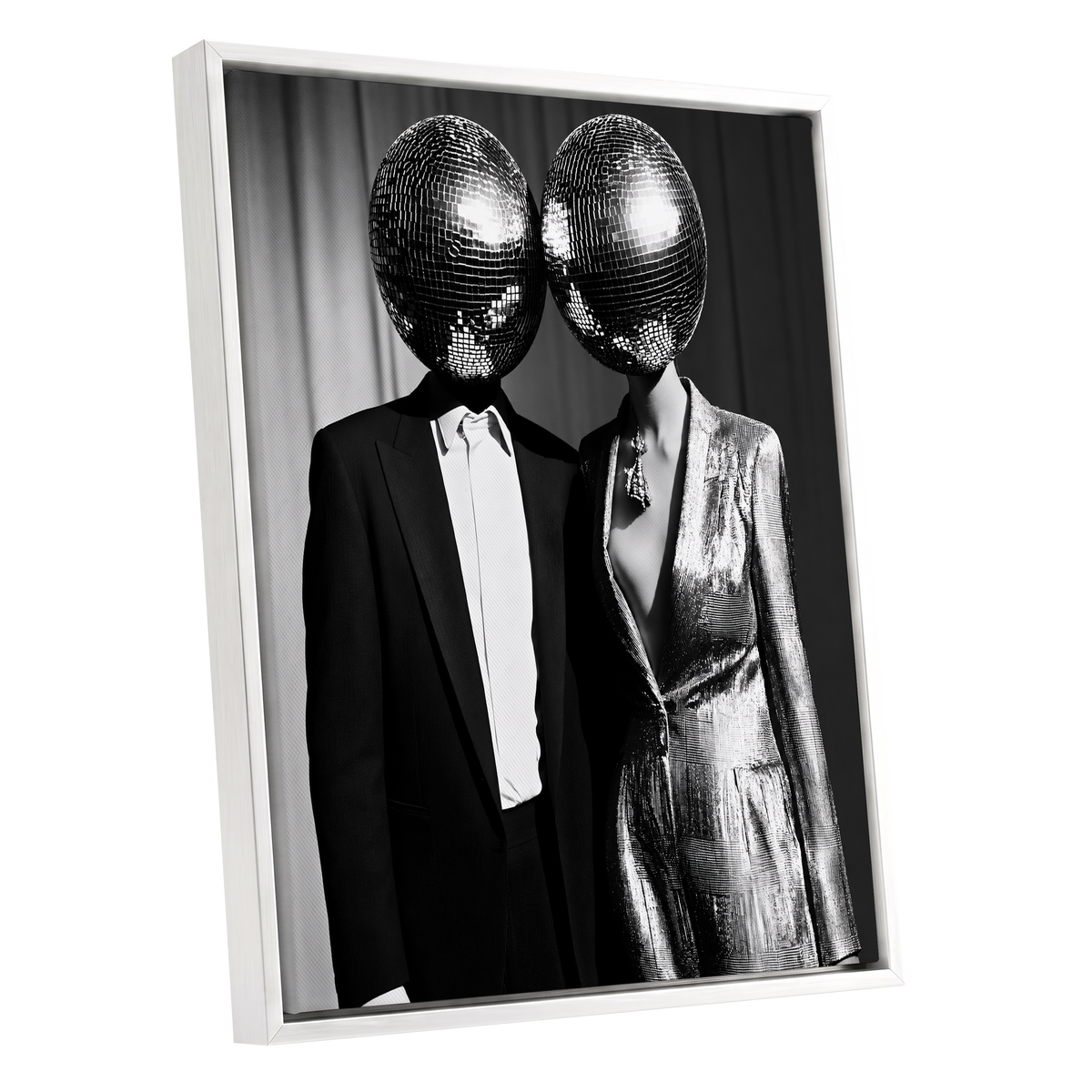 Midnight Mirror Society, black, white, gray minimalist wall art shown as a white framed canvas wall art