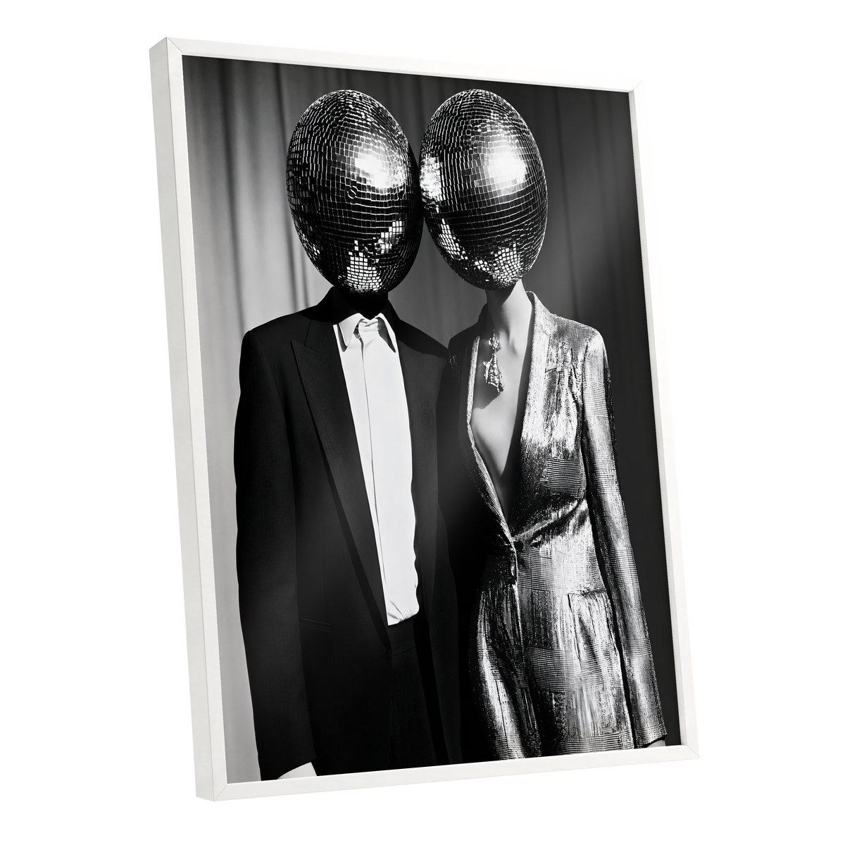 Midnight Mirror Society, black, white, gray minimalist wall art shown as a white framed poster wall art print