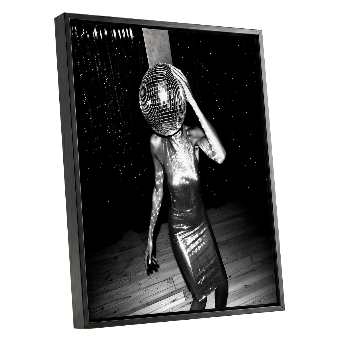 Midnight Mirrorball, black, white, gray minimalist wall art shown as a black framed canvas wall art