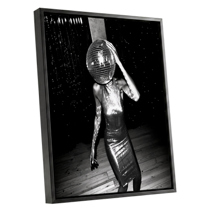 Midnight Mirrorball, black, white, gray minimalist wall art shown as a black framed canvas wall art