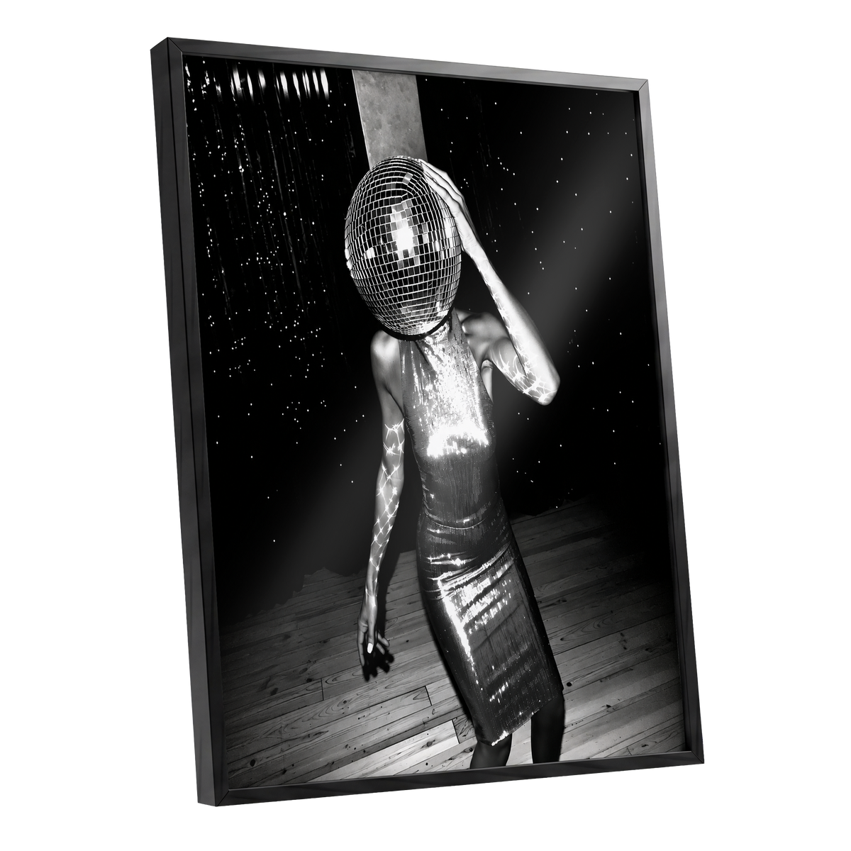 Midnight Mirrorball, black, white, gray minimalist wall art shown as a black framed poster wall art print