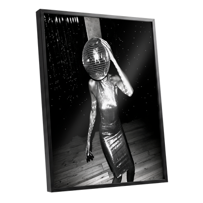Midnight Mirrorball, black, white, gray minimalist wall art shown as a black framed poster wall art print
