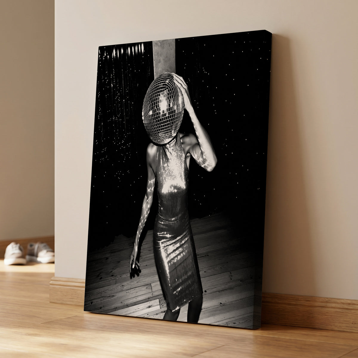 Midnight Mirrorball, black, white, gray minimalist wall art on canvas displayed in a styled interior, gallery view 1