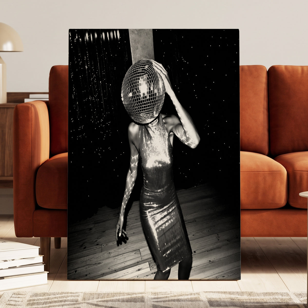 Midnight Mirrorball, black, white, gray minimalist wall art on canvas displayed in a styled interior, gallery view 2