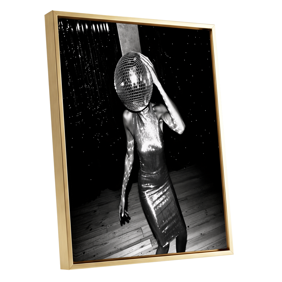 Midnight Mirrorball, black, white, gray minimalist wall art shown as a gold framed canvas wall art